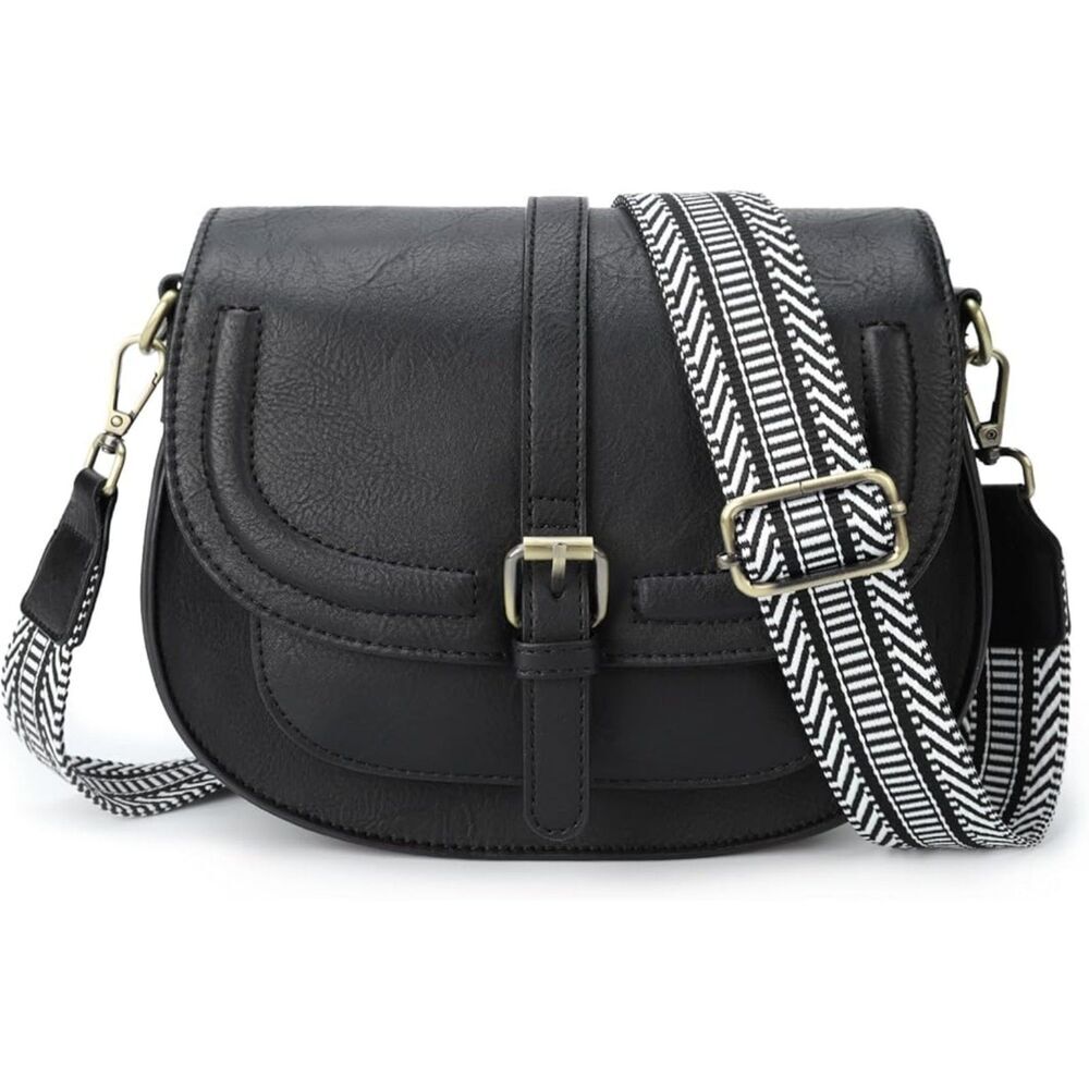 Women Black Guitar Strap Imported Vegan Leather Small Saddle Crossbody Bags